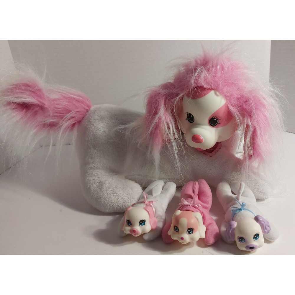 Plush 2015 Puppy Surprise Dog Mom w/‎ 3 Babies Set Pink White Just Play Stuffed